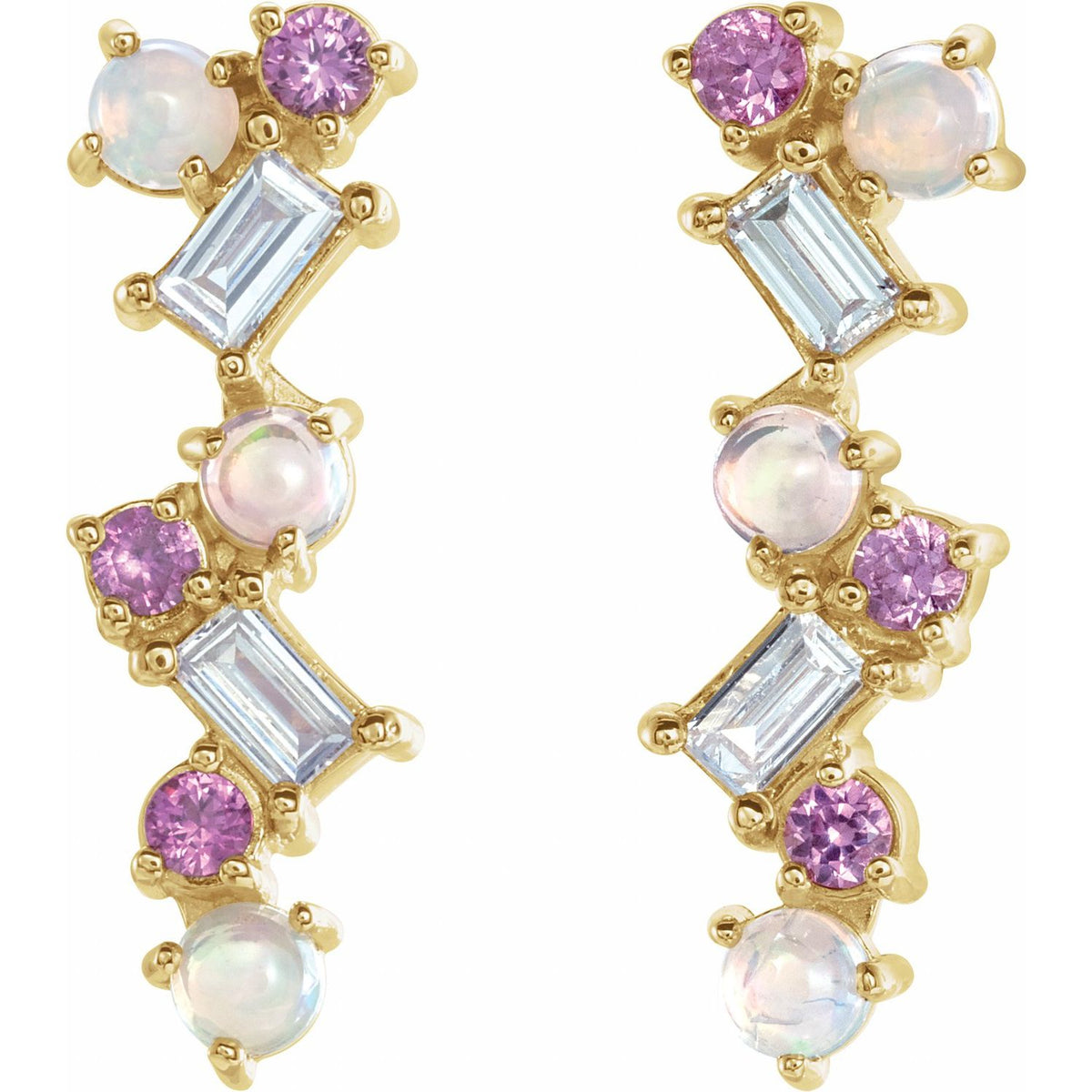 14K Yellow Gold Natural Ethiopian Opal, Natural Pink Sapphire & 1/10 CTW Natural Diamond Scattered Bar Earrings