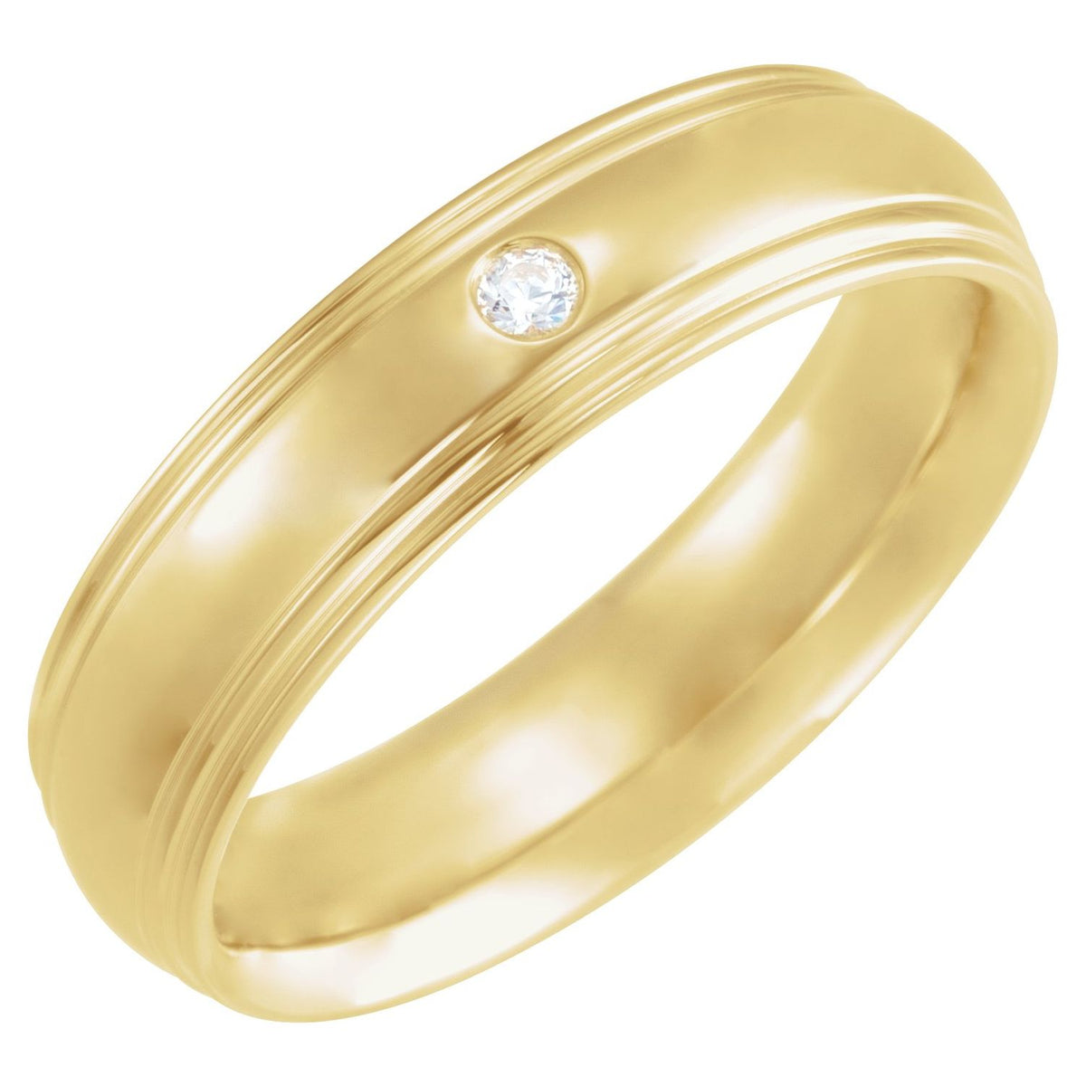 14K Yellow Gold .04 CT Natural Diamond Stepped Edge Grooved Comfort-Fit Half Round Band