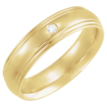 14K Yellow Gold .04 CT Natural Diamond Stepped Edge Grooved Comfort-Fit Half Round Band