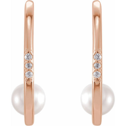 14K Rose Gold Cultured White Freshwater Pearl & .025 CTW Natural Diamond Hoop Earrings