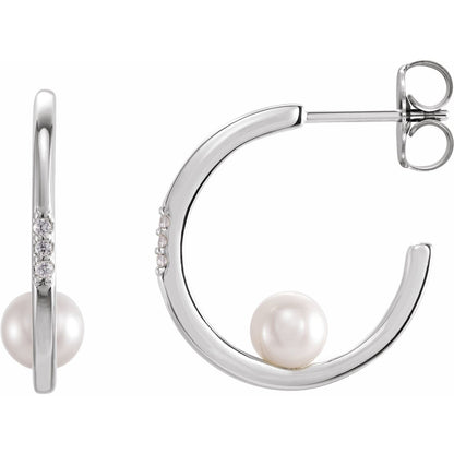 14K Rose Gold Cultured White Freshwater Pearl & .025 CTW Natural Diamond Hoop Earrings