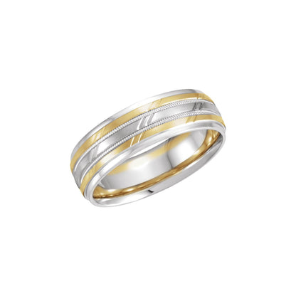 14K White/Yellow Gold Stepped-Edge Milgrain Grooved Comfort-Fit Half Round Band
