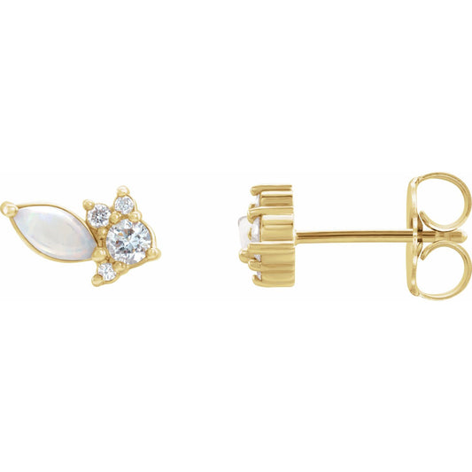 14K Yellow Gold Australian Natural White Opal & 1/6 CTW Natural Diamond Cluster Earrings