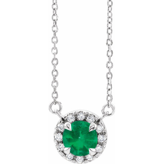 14K White Gold Natural Emerald 1/10 CTW Natural Diamond 16" Necklace