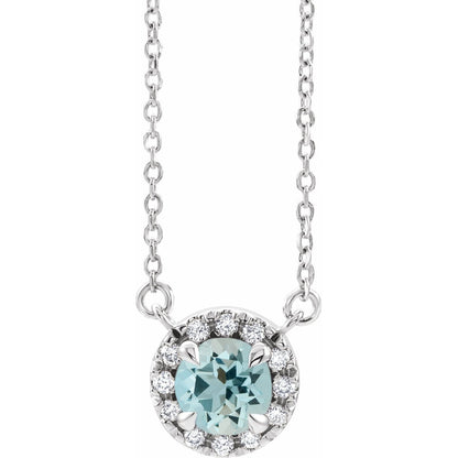 14K White Gold Natural Aquamarine & 1/6 CTW Natural Diamond 16" Necklace