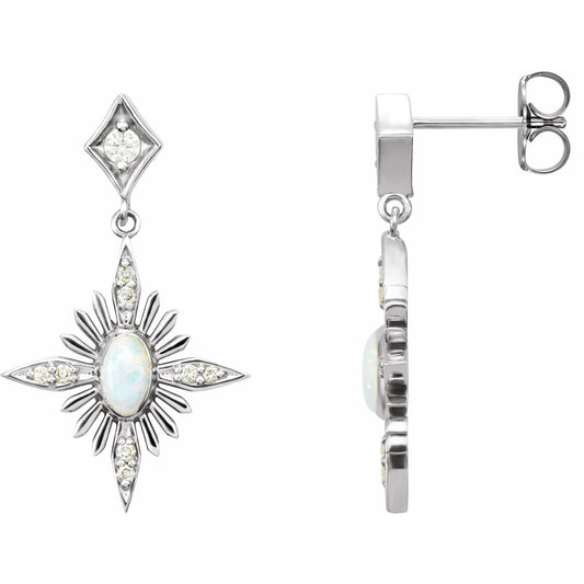 14K White Gold Natural White Opal & 1/6 CTW Natural Diamond Star Earrings