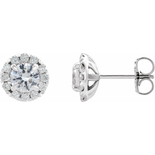 14K White Gold Natural White Sapphire & 1/5 CTW Natural Diamond Halo-Style Earrings