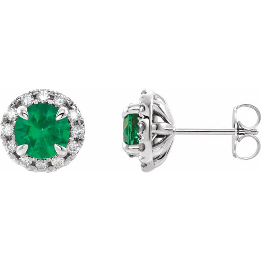 14K White Gold Natural Emerald & 1/5 CTW Natural Diamond Halo-Style Earrings