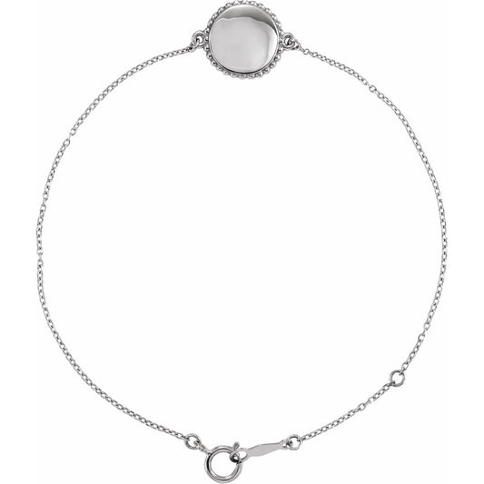 14K White Gold Engravable Beaded Disc 6 1/2-7 1/2" Bracelet