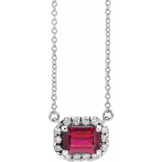 14K White Gold 7x5 mm Lab-Grown Ruby & 1/5 CTW Natural Diamond Halo-Style 16" Necklace