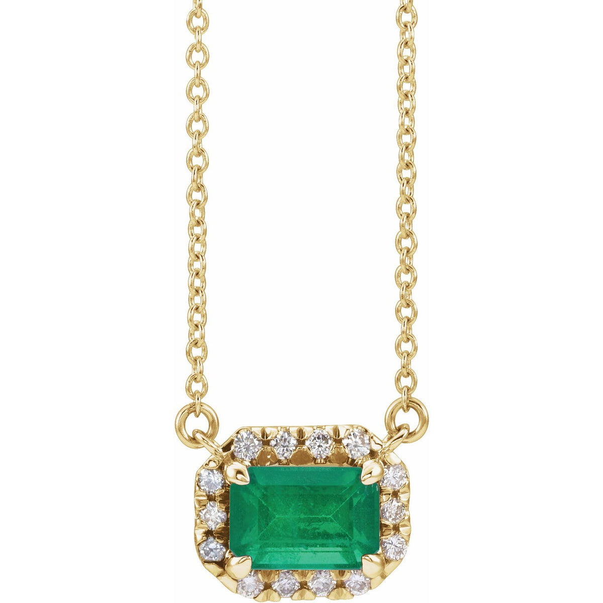 14K Yellow Gold 6x4 mm Natural Emerald & 1/5 CTW Natural Diamond Halo-Style 18" Necklace