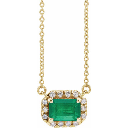 14K Yellow Gold 6x4 mm Natural Emerald & 1/5 CTW Natural Diamond Halo-Style 18" Necklace