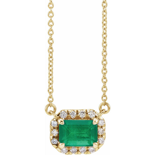 14K Yellow Gold 6x4 mm Natural Emerald & 1/5 CTW Natural Diamond Halo-Style 18" Necklace