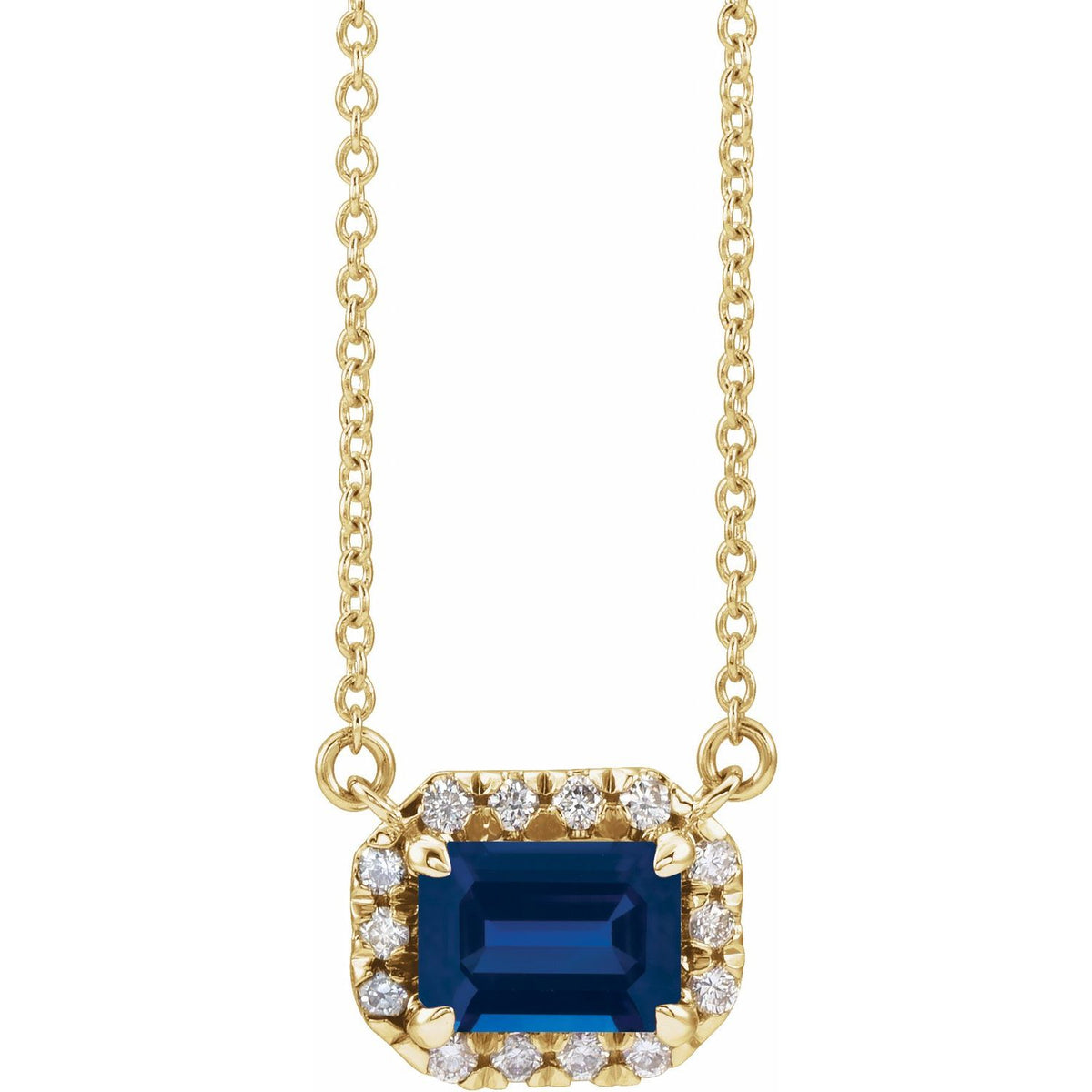 14K Yellow Gold 5x3 mm Lab-Grown Blue Sapphire & 1/8 CTW Natural Diamond Halo-Style 18" Necklace