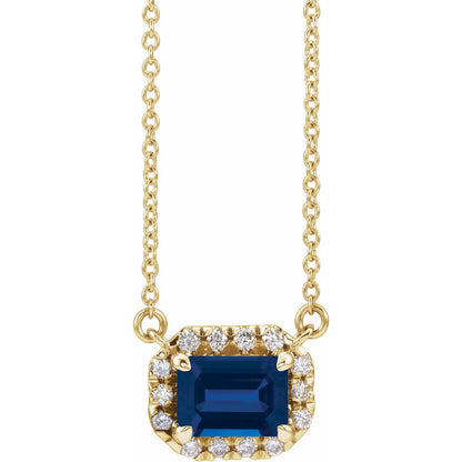 14K Yellow Gold 5x3 mm Lab-Grown Blue Sapphire & 1/8 CTW Natural Diamond Halo-Style 18" Necklace