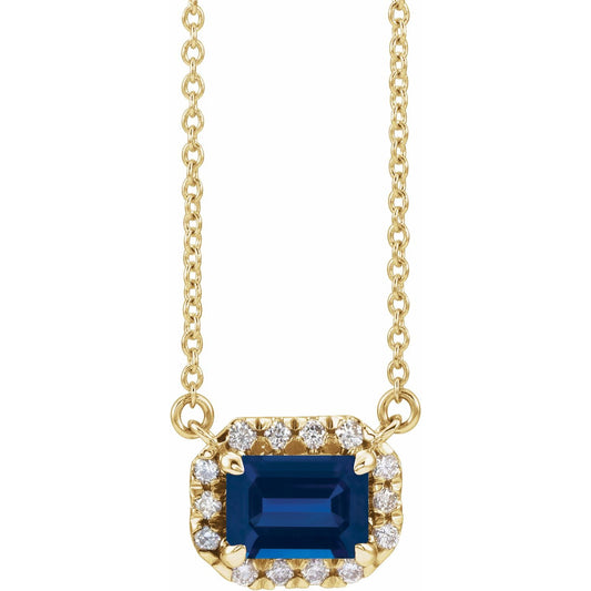 14K Yellow Gold 5x3 mm Lab-Grown Blue Sapphire & 1/8 CTW Natural Diamond Halo-Style 18" Necklace