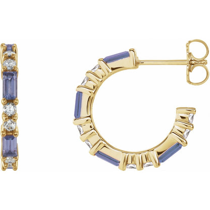 14K Yellow Gold Natural Tanzanite & 1/2 CTW Natural Diamond Hoop Earrings