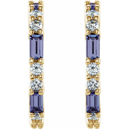 14K Yellow Gold Natural Tanzanite & 1/2 CTW Natural Diamond Hoop Earrings