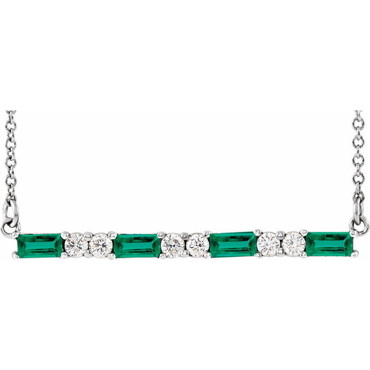 14K White Gold Lab-Grown Emerald & 1/6 CTW Natural Diamond Bar 16-18" Necklace