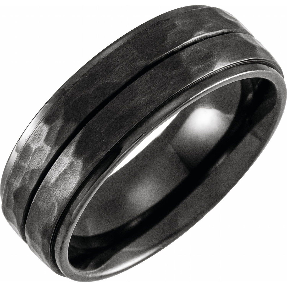 Black Titanium Grooved Stepped-Edge Comfort-Fit Flat Band