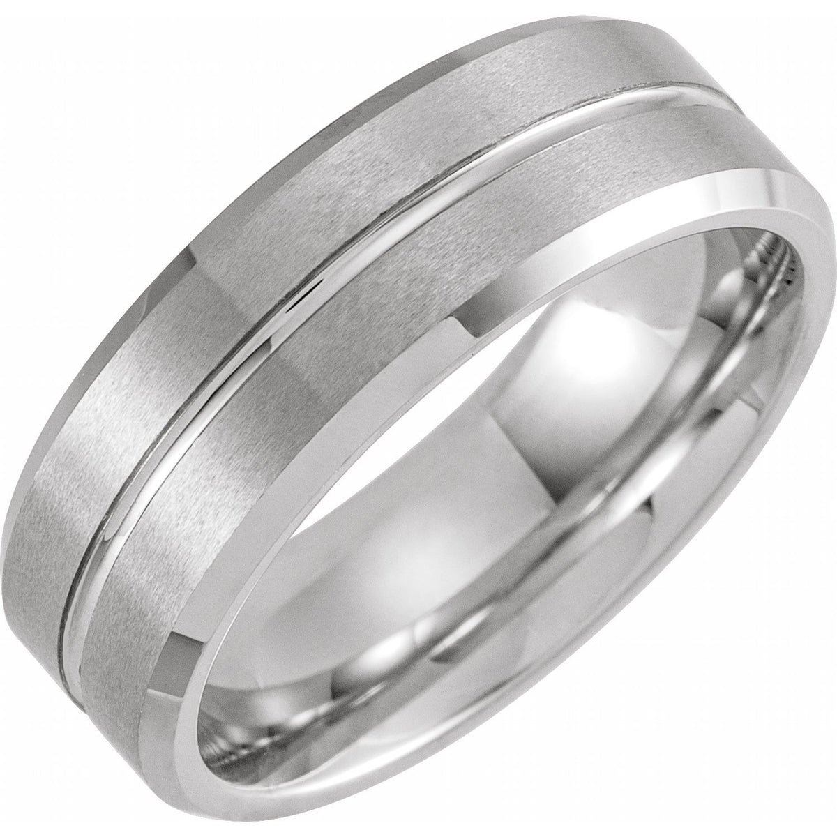 White PVD Tungsten Beveled-Edge Grooved Comfort-Fit Band