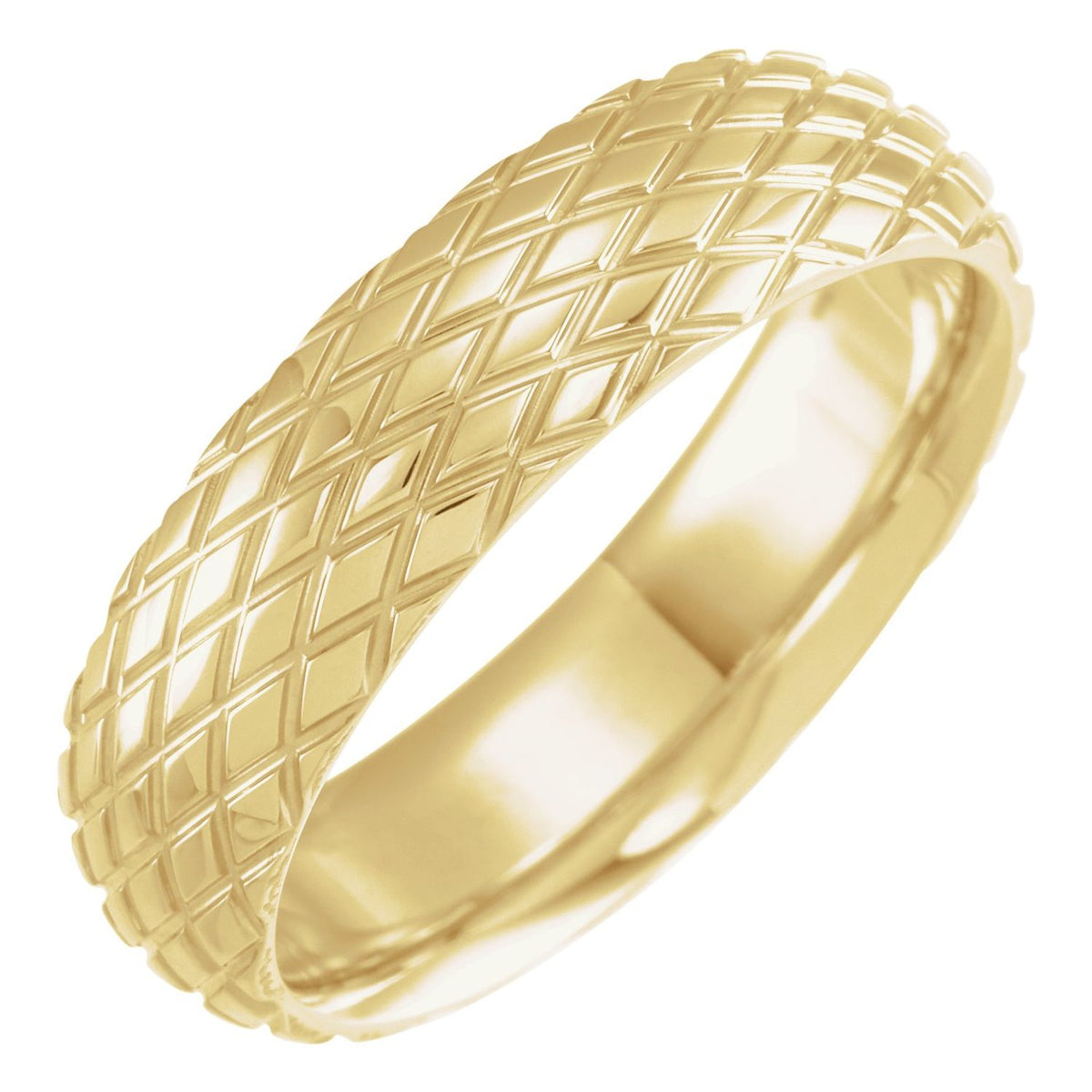 14K Yellow Gold Grooved Rhombus Pattern Comfort-Fit Half Round Band