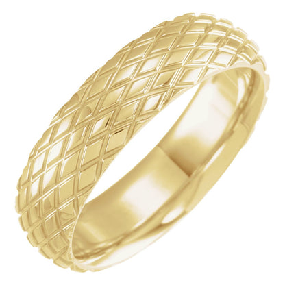 14K Yellow Gold Grooved Rhombus Pattern Comfort-Fit Half Round Band