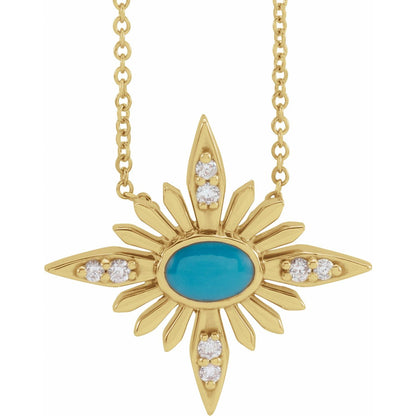 14K Yellow Gold Natural Turquoise & .08 CTW Natural Diamond 16-18" Necklace