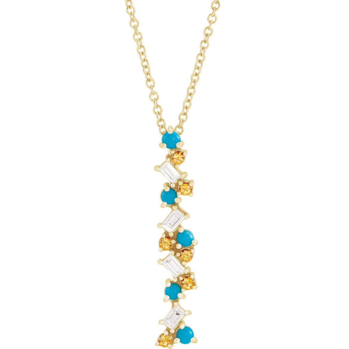 14K Yellow Gold Natural Honey Passion Topaz, Natural Turquoise & 1/8 CTW Natural Diamond Scattered Bar 16-18" Necklace