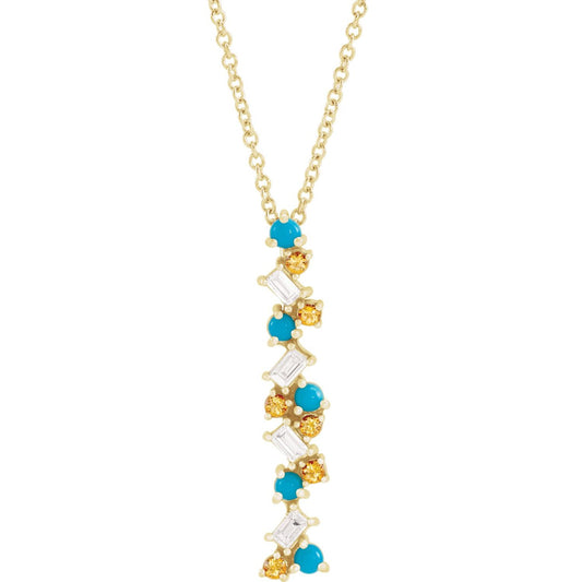 14K Yellow Gold Natural Honey Passion Topaz, Natural Turquoise & 1/8 CTW Natural Diamond Scattered Bar 16-18" Necklace