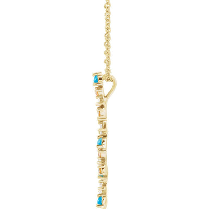 14K Yellow Gold Natural Honey Passion Topaz, Natural Turquoise & 1/8 CTW Natural Diamond Scattered Bar 16-18" Necklace