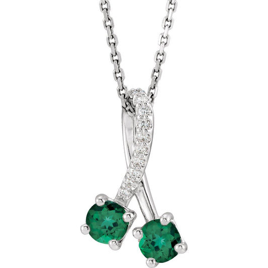 14K White Gold Lab-Grown Emerald & .05 CTW Natural Diamond 16-18" Necklace