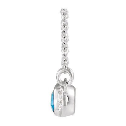 14K White Gold Natural Blue Zircon & .02 CTW Natural Diamond Bar 16" Necklace