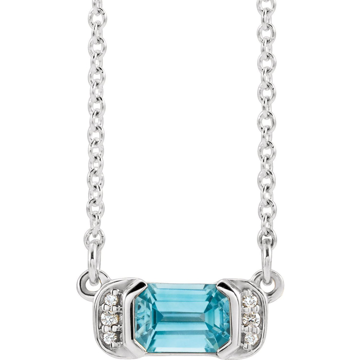 14K White Gold Natural Blue Zircon & .02 CTW Natural Diamond Bar 16" Necklace
