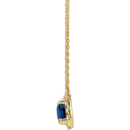 14K Yellow Gold 5x3 mm Lab-Grown Blue Sapphire & 1/8 CTW Natural Diamond Halo-Style 18" Necklace