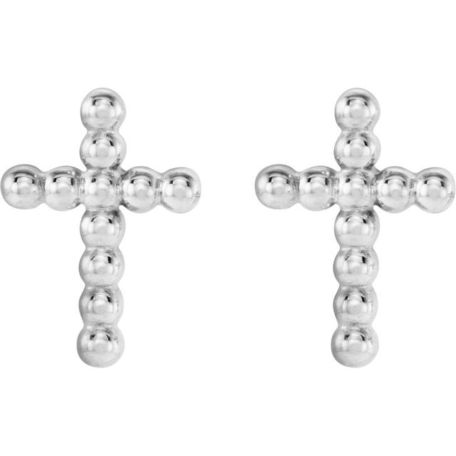 14K White Gold Beaded Cross Earrings