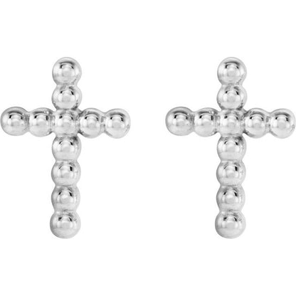14K White Gold Beaded Cross Earrings