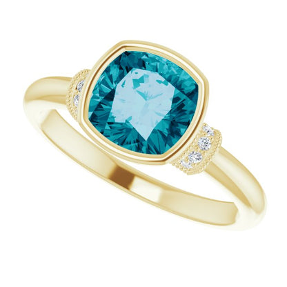 14K Yellow Gold Natural Checkerboard London Blue Topaz & .04 CTW Natural Diamond Ring