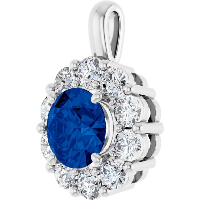 14K White Gold Lab-Grown Blue Sapphire & 1/2 CTW Natural Diamond Pendant