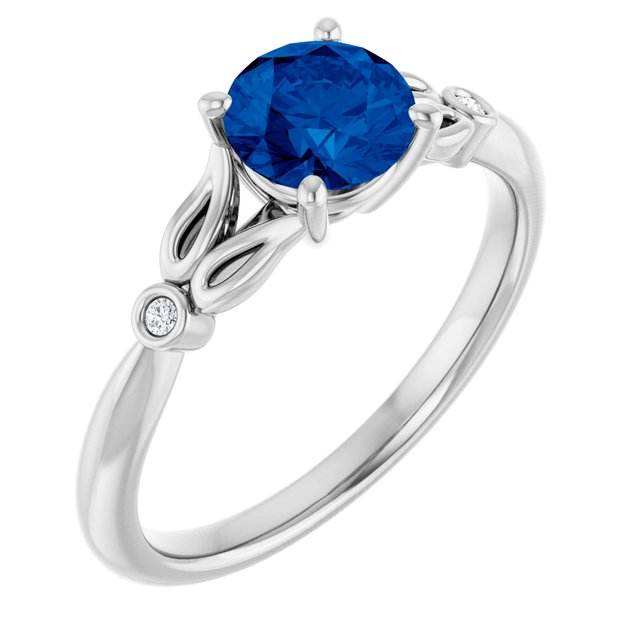 14K White Gold Lab-Grown Blue Sapphire & .02 CTW Natural Diamond Ring