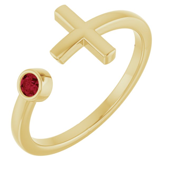 14K Yellow Gold Lab-Grown Ruby Negative Space Cross Ring