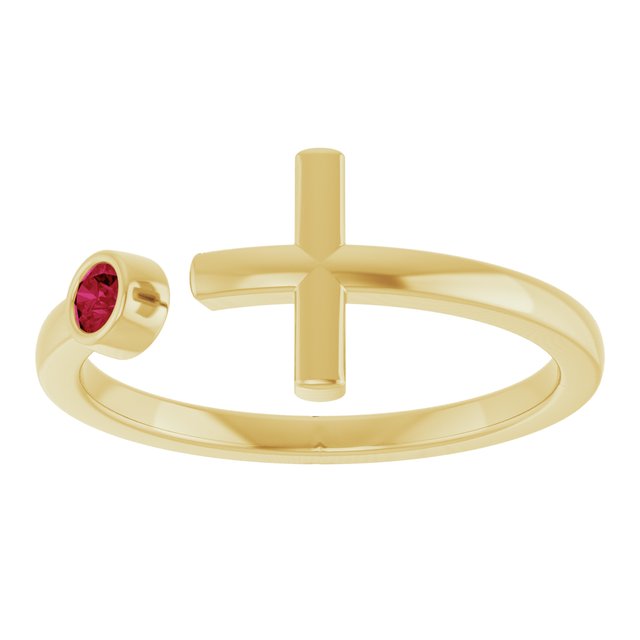 14K Yellow Gold Lab-Grown Ruby Negative Space Cross Ring