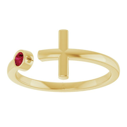 14K Yellow Gold Lab-Grown Ruby Negative Space Cross Ring