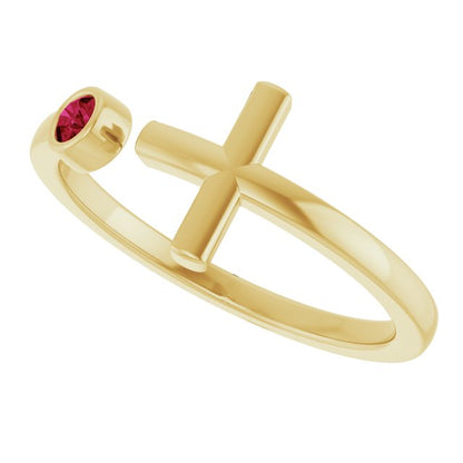 14K Yellow Gold Lab-Grown Ruby Negative Space Cross Ring