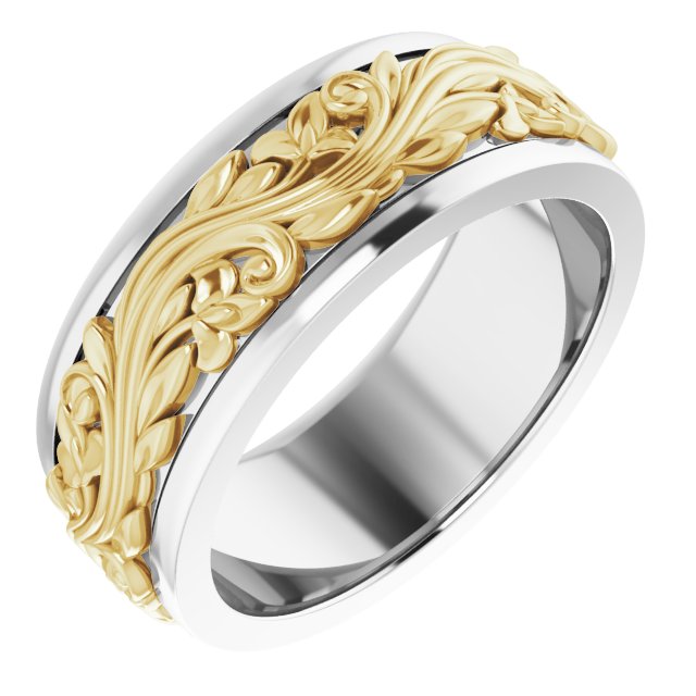 Sterling Silver & 14K Yellow Gold Floral Inlay Flat Band