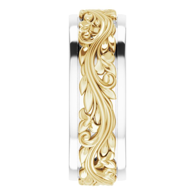Sterling Silver & 14K Yellow Gold Floral Inlay Flat Band