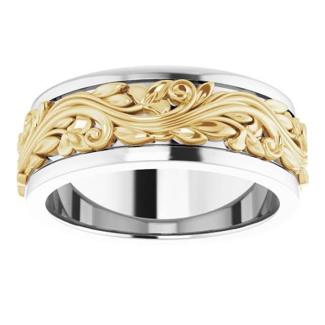 Sterling Silver & 14K Yellow Gold Floral Inlay Flat Band