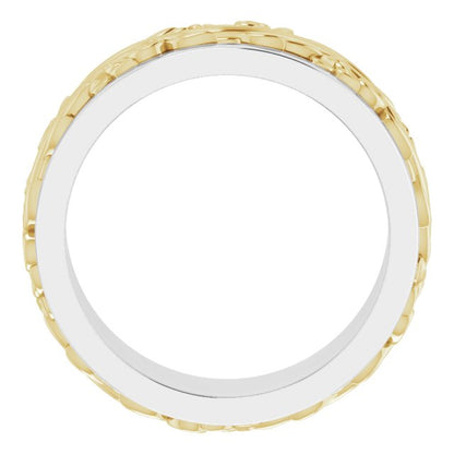 Sterling Silver & 14K Yellow Gold Floral Inlay Flat Band
