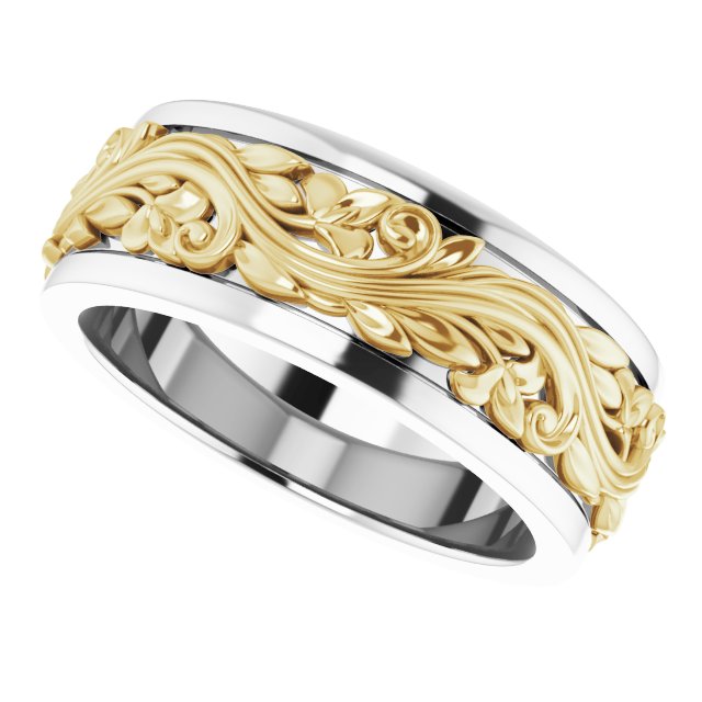 Sterling Silver & 14K Yellow Gold Floral Inlay Flat Band