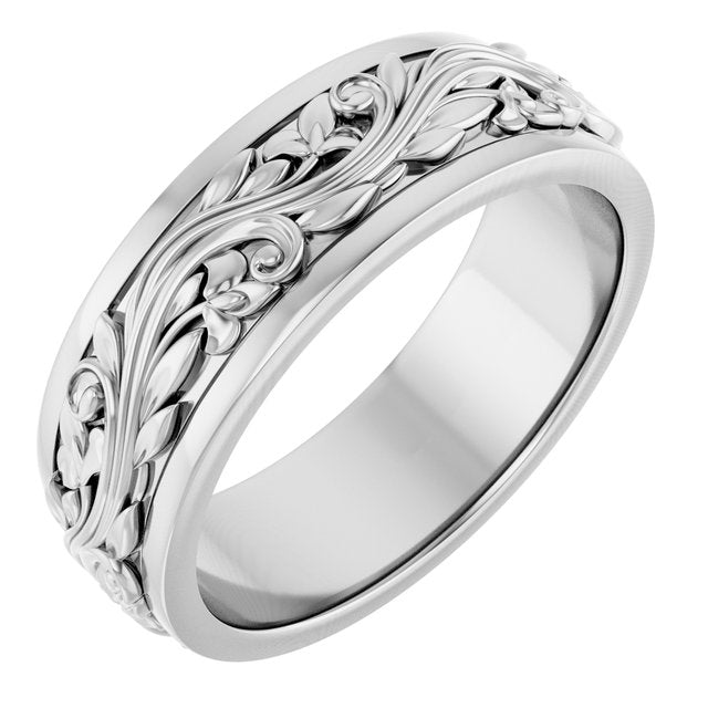 10K X1 White Gold Floral Inlay Flat Band